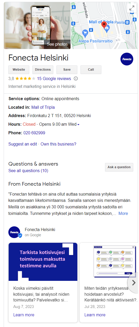 Esimerkki Google-yritysprofiilista, Fonecta Helsinki kuvakaappaus otettu 15.8.2023